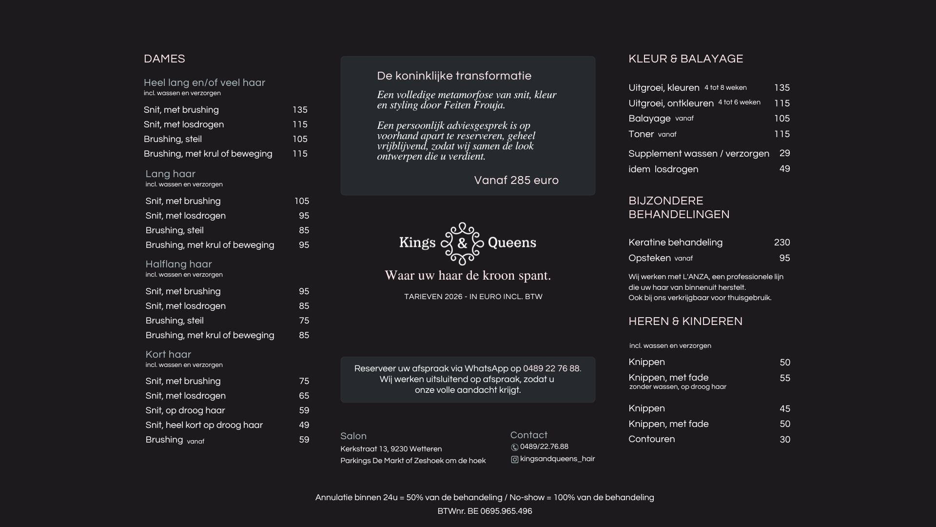 Prijslijst Kings and queens kapsalon te Wetteren